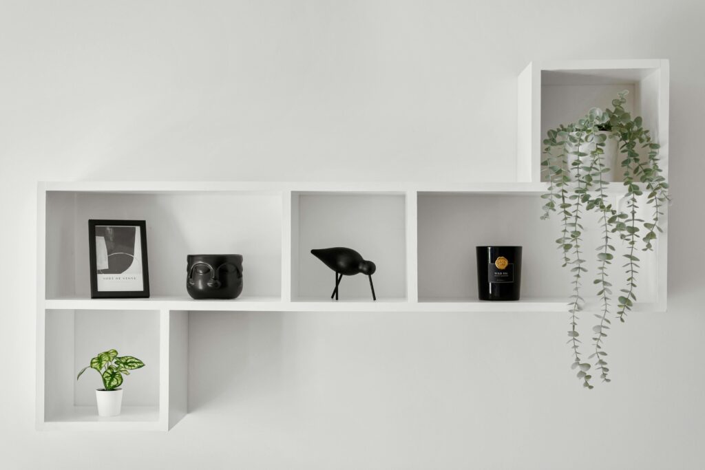 wall shelves organized minimal home