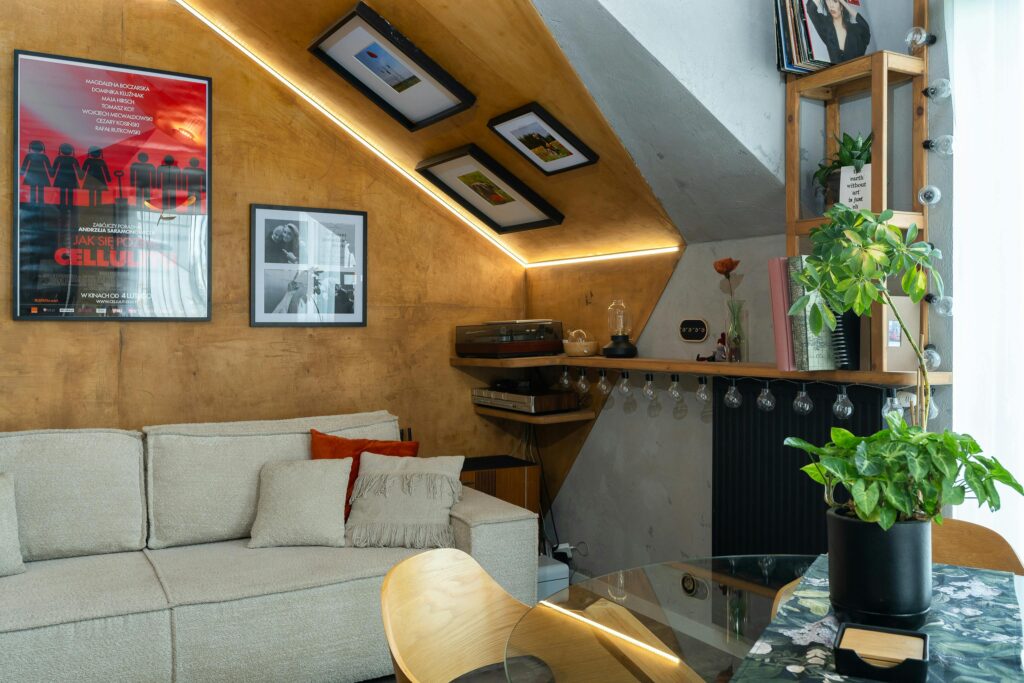 cozy small living room warm lights