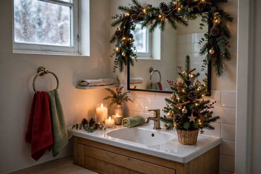 Small bathroom decorated for Christmas with mini tree and festive towels