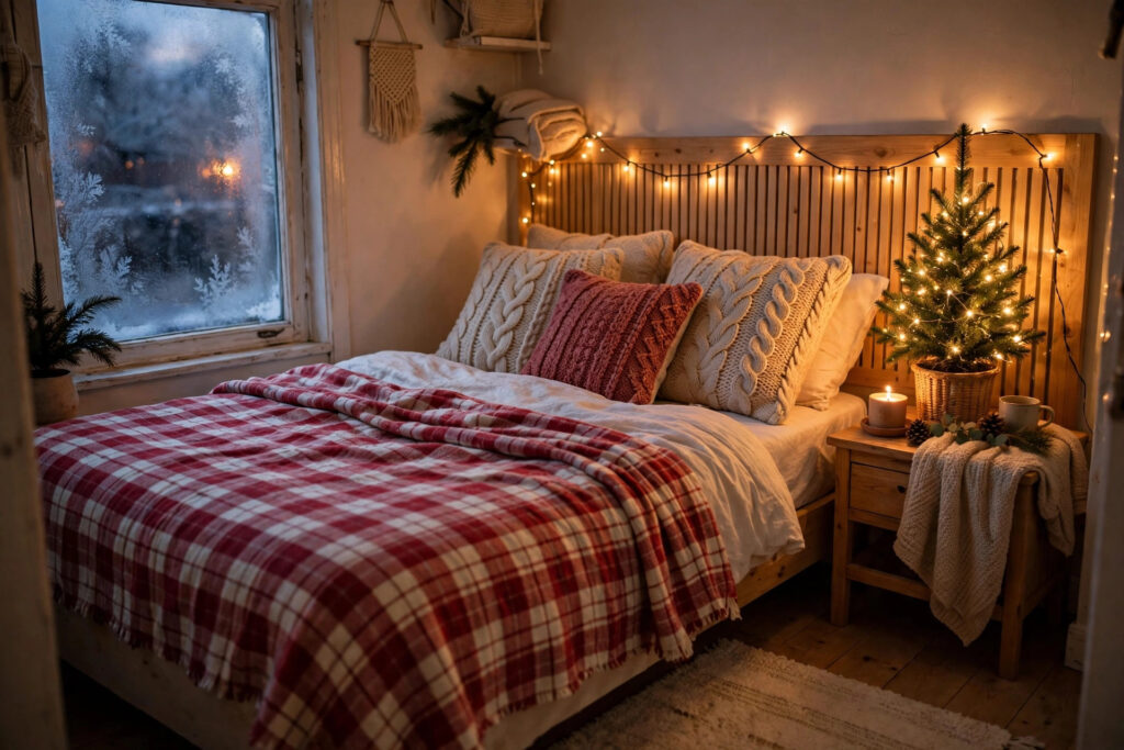 Small bedroom decorated for Christmas with fairy lights and cozy bedding