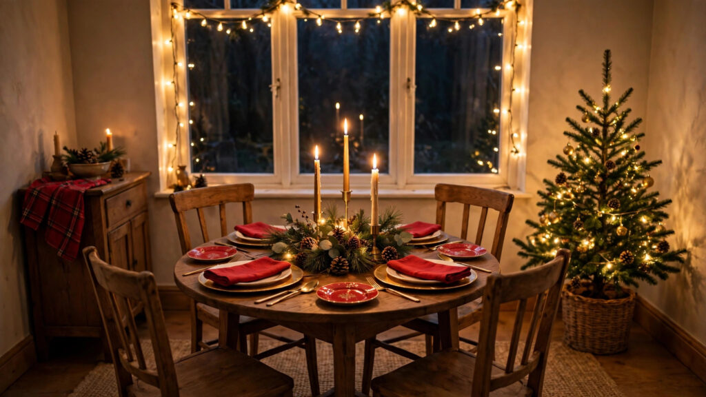 Small dining room decorated for Christmas dinner with festive table setting and candles