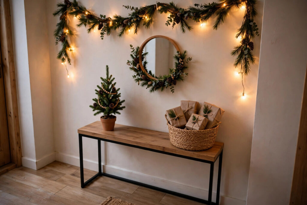 Small entryway decorated for Christmas with garland, mini tree and warm fairy lights