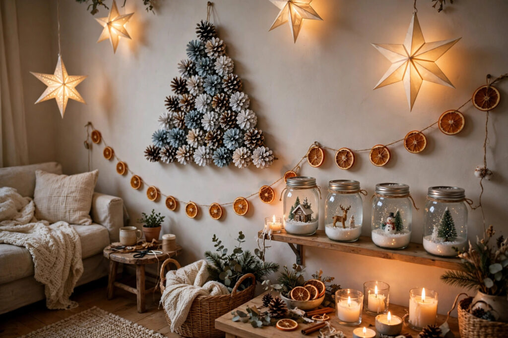 Small apartment living room with DIY Christmas decorations including pinecone wall art, mason jar snow globes and paper star lanterns
