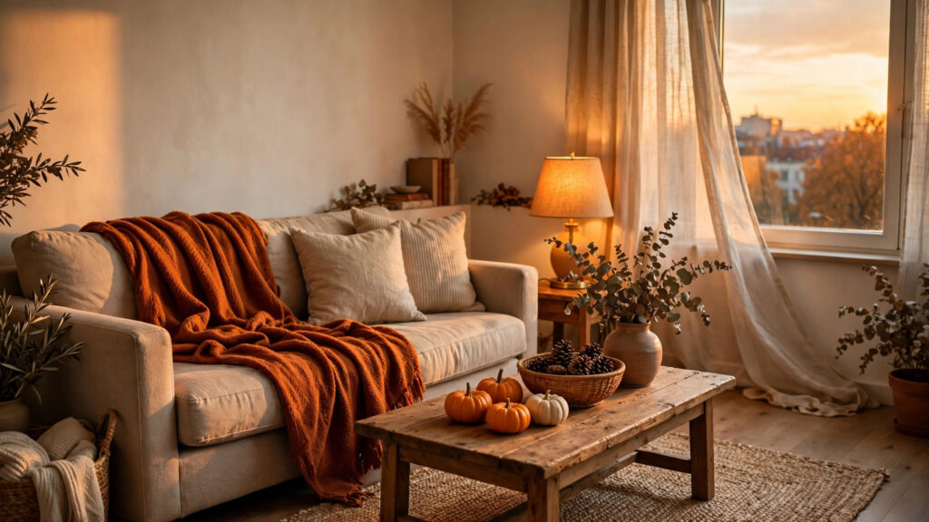 Cozy small apartment living room with fall decor, pumpkins and knit throw