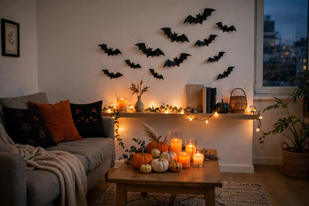 Small apartment living room with spooky-cute Halloween decor, LED candles and mini pumpkins