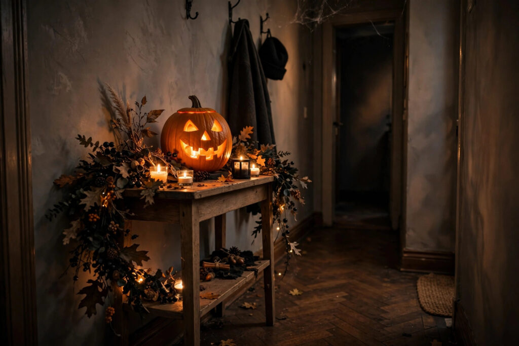 Halloween entryway decor for small spaces with mini pumpkins and glowing lantern