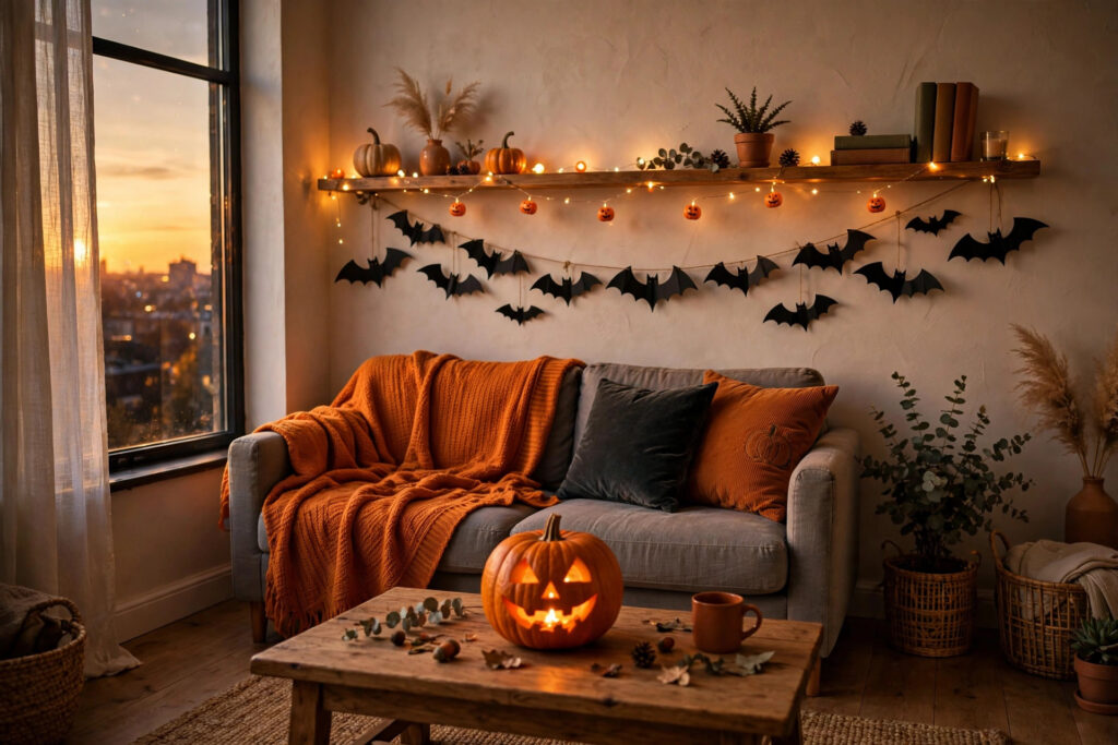 Small apartment living room decorated for Halloween with pumpkin string lights and paper bats