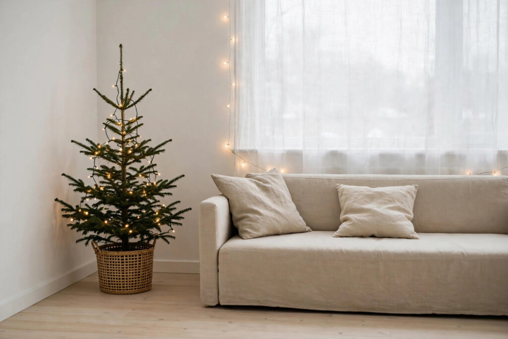 Minimalist Christmas living room with slim tree in woven basket and warm fairy lights