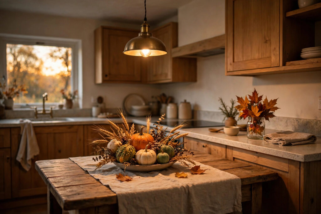 Small kitchen decorated for Thanksgiving with harvest pumpkin centerpiece and warm pendant light