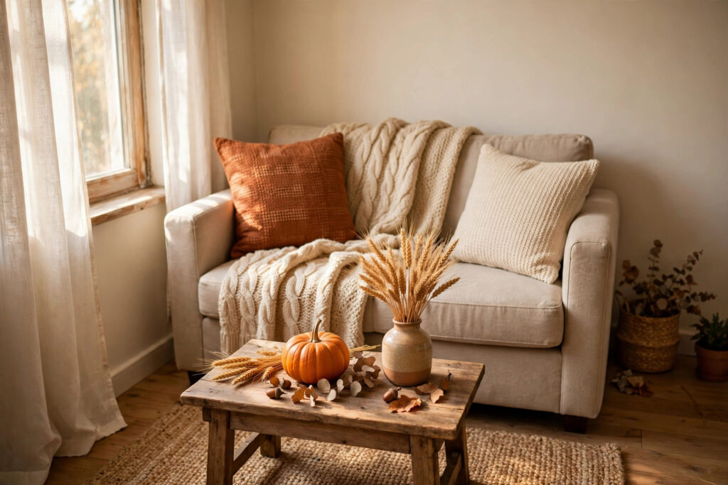 Small living room styled for Thanksgiving with autumn throw pillows and a pumpkin centerpiece